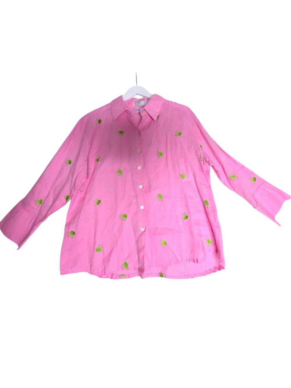 Casey Coleman Womens Pink Linen Paw Print Embroidered Button-Down Shirt Size L - Picture 2 of 11